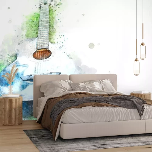 Sticker  Abstract acoustic guitar on green grass on watercolor illustration painting background.