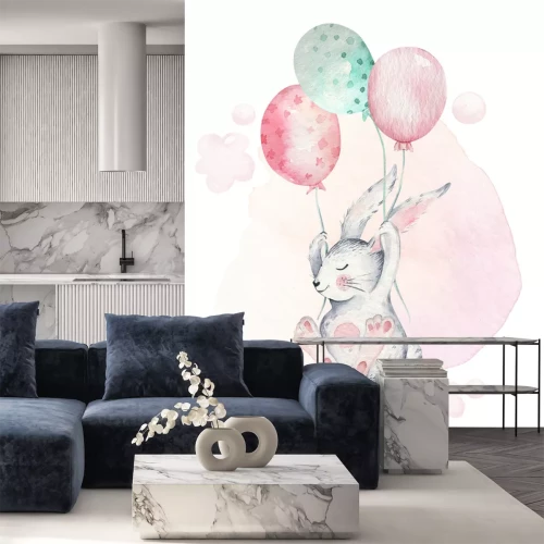 Sticker  Lapin gris volant sur des ballons