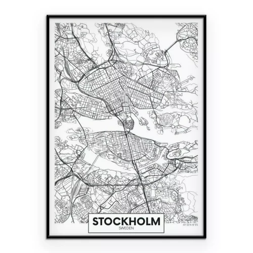 Poster  Carte topographique en noir et blanc de Stockholm