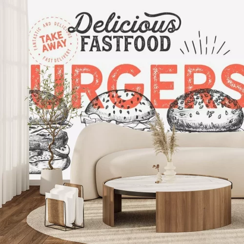 Papier peint  Burgers gris et inscription en rouge