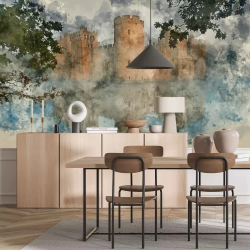 Papier peint  Watercolor painting of medieval castle at sunrise landscape