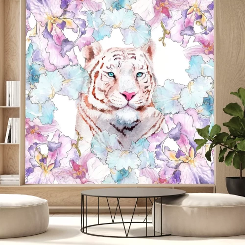Sticker  Tigre blanc et fleurs pastel