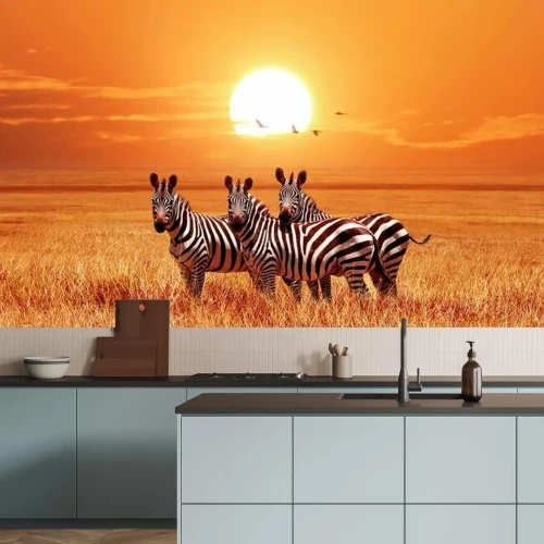 Papier peint  Animaux africains sur fond de coucher de soleil