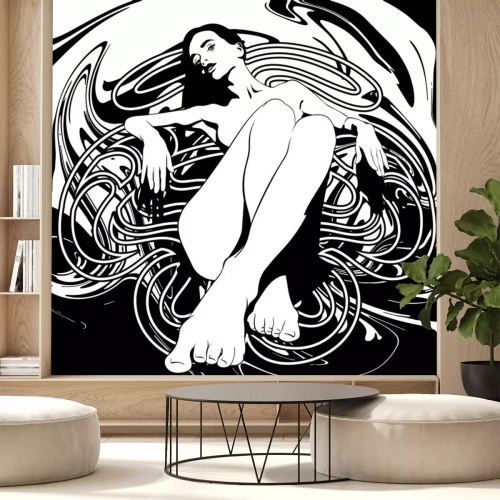 Sticker  Vector hand drawn illustration of pretty girl with liquid texture and frame .