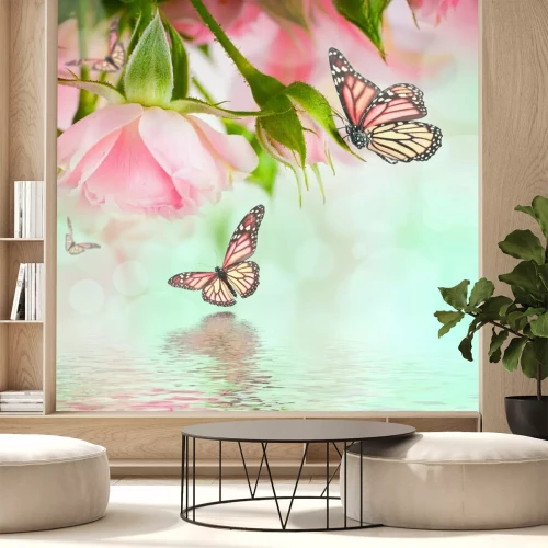 Papier peint  Paysage pastel avec des papillons et des roses