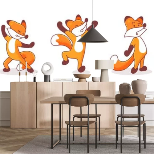 Sticker  Set of five hand-drawn foxes. Illustrations with animals' emotions. Sticker pack isolated on white background. Animal with arms akimbo, Karate fox, inspired, surprised and calming someone characters.