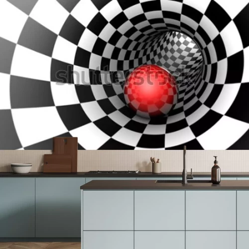 Papier peint  Boule rouge dans un tunnel 3D noir et blanc