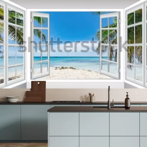 Papier peint  Terrasse vitrée surplombant la plage sous les palmiers