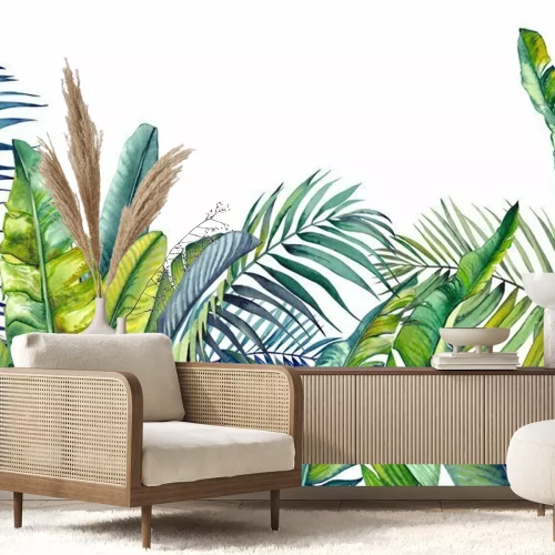 Papier peint  Tropical palm and banana leaves. Jungle wallpaper. Isolated watercolor background.