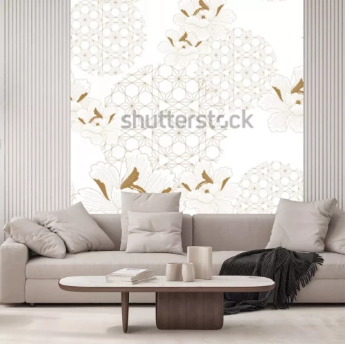 Sticker  Chinesischer Muster nahtloser Vektor. Gold floral mit japanischem geometrischem Elementhintergrund für Gewebe, Packpapier, Hintergrund, Schablone, Deckblattdesign.