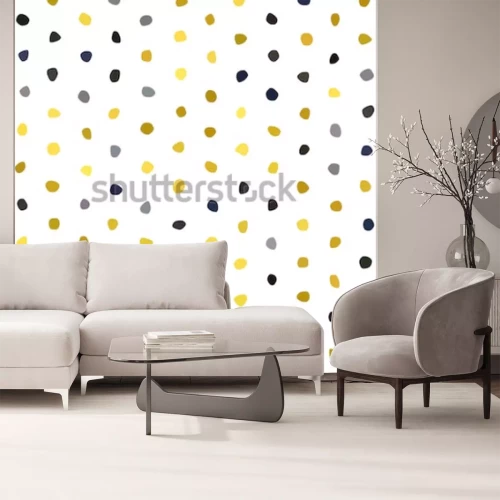 Sticker  Motif sans soudure de pois jaune moutarde bleu marine gris sur fond blanc. Texture de pierre polygone rond. Vecteur abstrait pour impressions, textile, emballage, tissu, paquet, couverture, carte de v