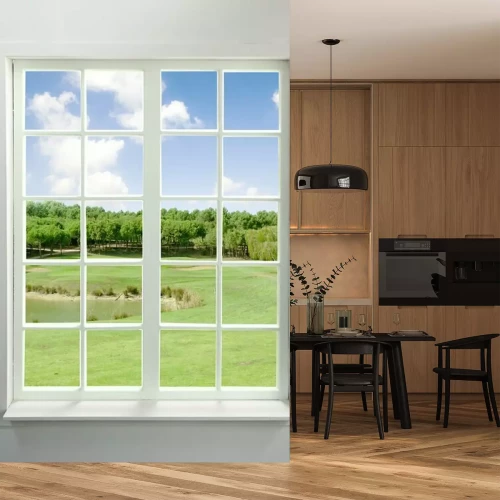 Papier peint  Une vue d'une fenêtre sur un étang de l'herbe et des arbres