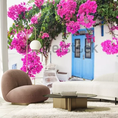 Papier peint  Maison grecque traditionnelle avec des fleurs à l'île de Paros, Grèce