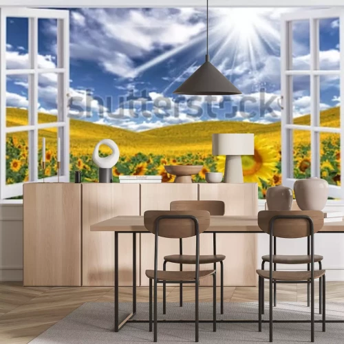 Papier peint  Fenêtre avec vue sur des tournesols