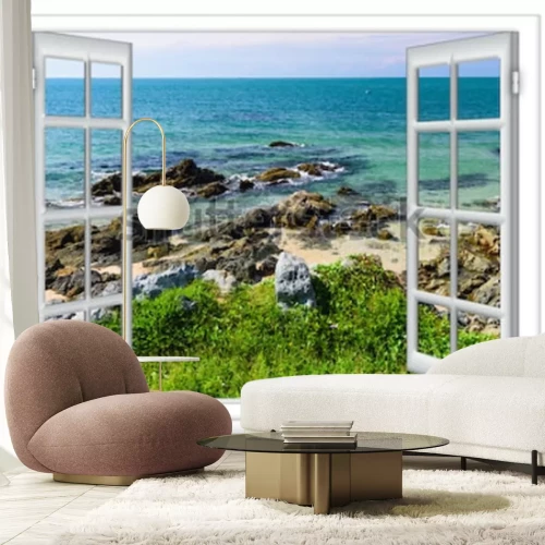 Papier peint  Vue sur la mer depuis la fenêtre sur l'île de journée d'été ensoleillée