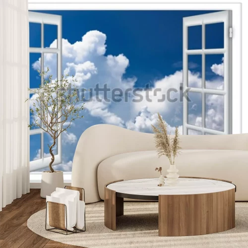 Papier peint  Vue de nuages dans le ciel à travers une fenêtre blanche