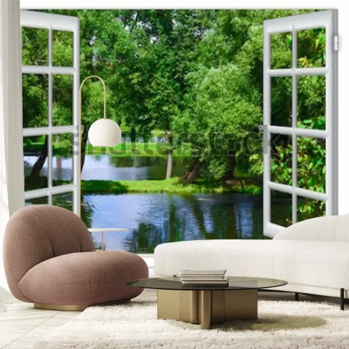 Papier peint  Vue depuis la fenêtre dans l'étendue d'eau et l'arbre en été
