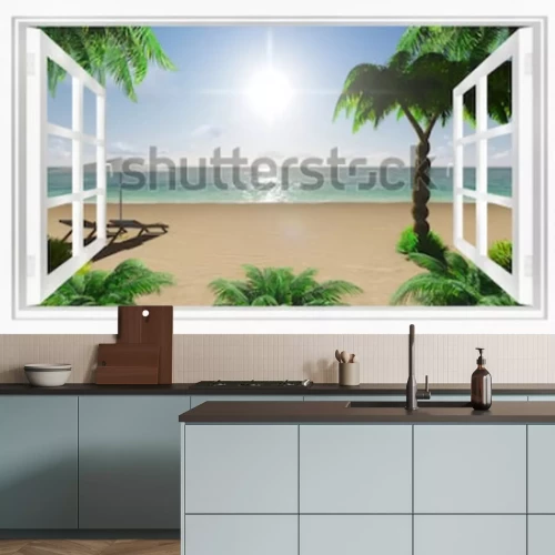 Papier peint  Vue de la plage tropicale sur la mer depuis la fenêtre