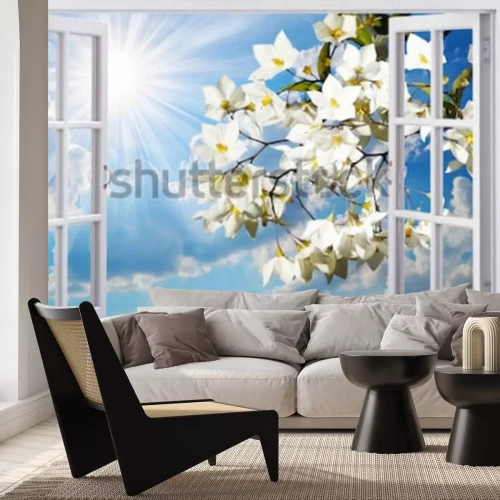 Papier peint  Branches fleuries devant la fenêtre