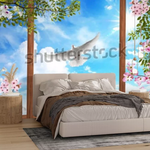 Papier peint  Fenêtre avec vue sur des brindilles en fleurs et une colombe blanche