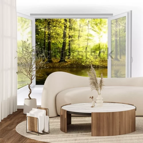 Papier peint  Une fenêtre donnant sur l'eau et la forêt