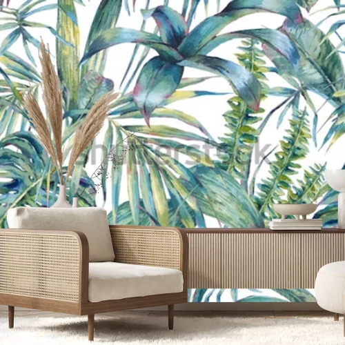 Sticker  Modèle sans couture aquarelle exotique de feuilles naturelles, feuilles tropicales vertes, fougère, jungle dense, Illustration de l'été botanique peinte à la main sur fond blanc