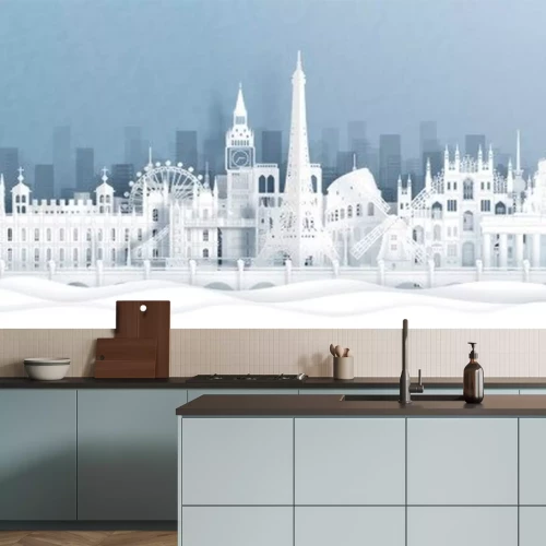 Sticker  Panorama postcard and travel poster of world famous landmarks of europe, Holland, France, Germany, Belgium, Spain and England in paper cut style vector illustration