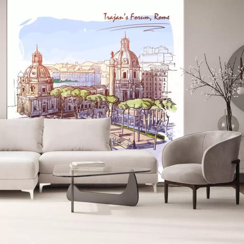 Sticker  Forum of the Emperor Trajan in Rome, Italy. Painted sketch. Vintage design. Travel sketchbook drawing. EPS10 vector illustration.