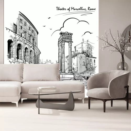 Sticker  Theater of Marcellus and portico of Octavia in Rome, Italy. Engraving style sketch. Vintage design. Travel sketchbook drawing. EPS10 vector illustration.