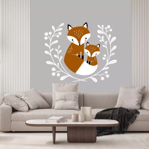 Sticker  Cute hand drawn vector foxes in wreath. Perfect for tee shirt logo, greeting card, poster, invitation or print design. 