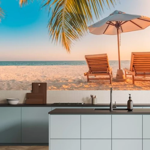 Sticker  Beautiful tropical beach banner. White sand and coco palms travel tourism wide panorama background concept. Amazing beach landscape