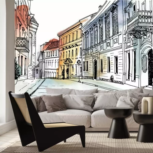 Papier peint  Old city street in hand drawn line sketch style. Urban romantic landscape. Vilnius. Black and white vector illustration on watercolor background