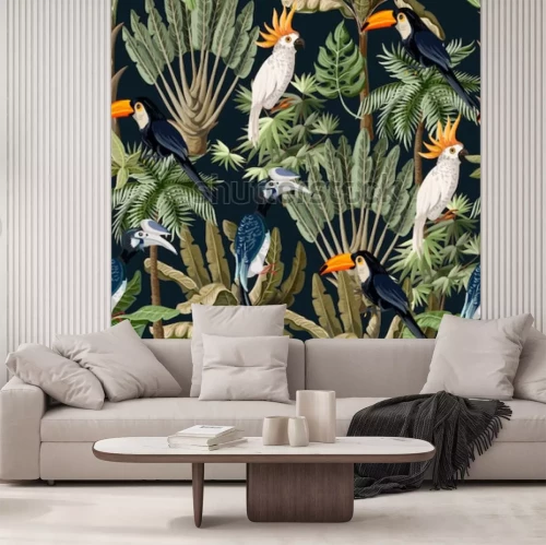 Sticker  Modèle sans couture avec des arbres exotiques et des oiseaux sauvages, des perroquets et des toucans.