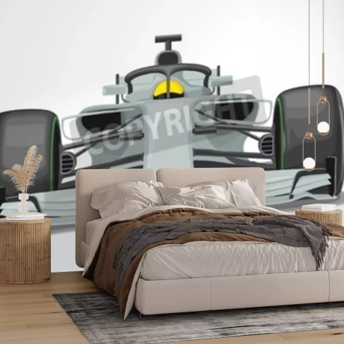 Sticker  Racing silver car with protection front view. Vector flat color illustration isolated on white background