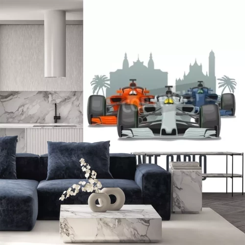 Sticker  Cityline Monte Carlo and three racing cars on Grand Prix Monaco. Vector flat illustration isolated on white background for poster, web icon