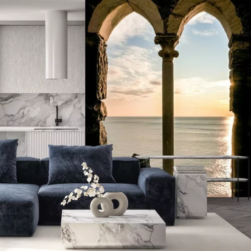 Papier peint  Fenêtre avec une colonne en bord de mer