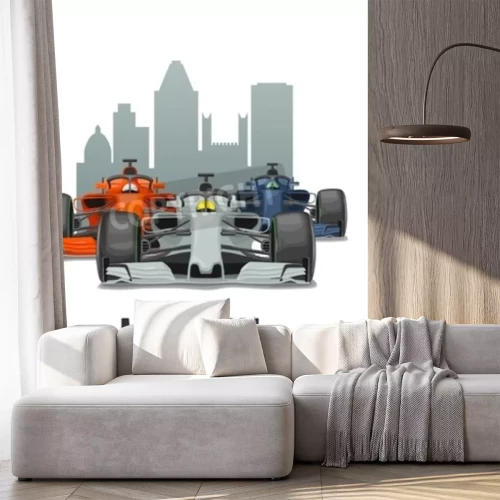 Sticker  Cityline Montreal and three racing cars on Grand Prix Canada. Vector flat illustration isolated on white background for poster, web icon