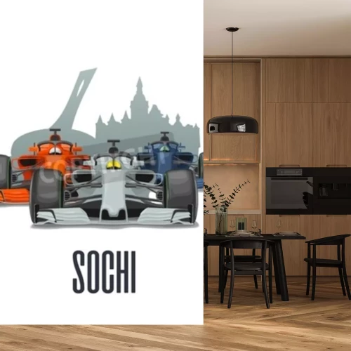 Sticker  Cityline Sochi and three racing cars on Grand Prix Russia. Vector flat illustration isolated on white background for poster, web icon