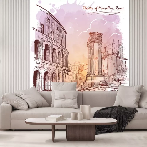 Sticker  Theater of Marcellus and portico of Octavia in Rome, Italy. Monochrome linear drawing isolated on a textured grunge watercolor background. Vintage design. Travel sketchbook drawing. EPS10 vector