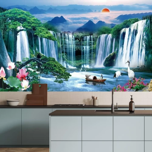 Papier peint  Paysage abstrait cascade sur fond de montagnes