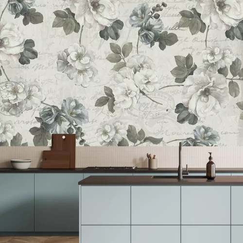 Papier peint  Fleurs blanches vintage avec un fond d'inscriptions