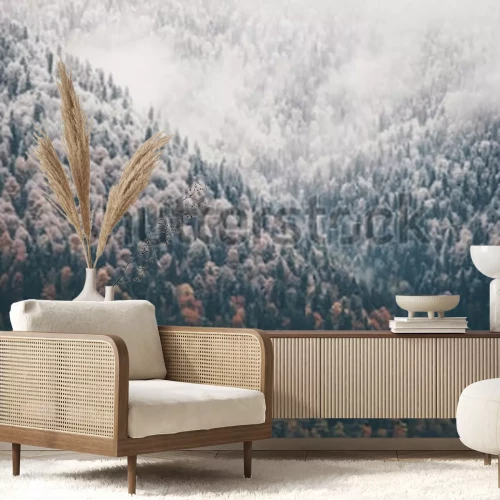 Sticker  Nebelwald Nadelwaldlandschaft. Luftbildhintergrund. Reisen Sie ruhige landschaftliche Ansicht