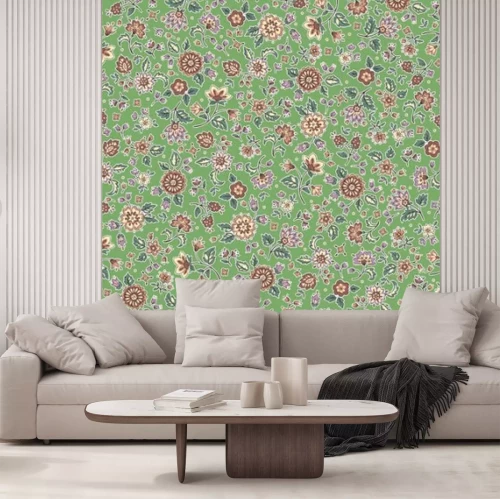 Papier peint  Fleurs colorées et diverses sur fond vert