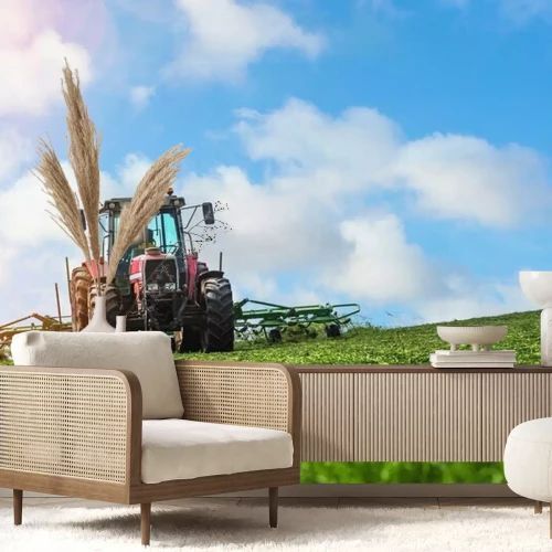 Papier peint  C'est la fenaison au printemps (retouner le foin)