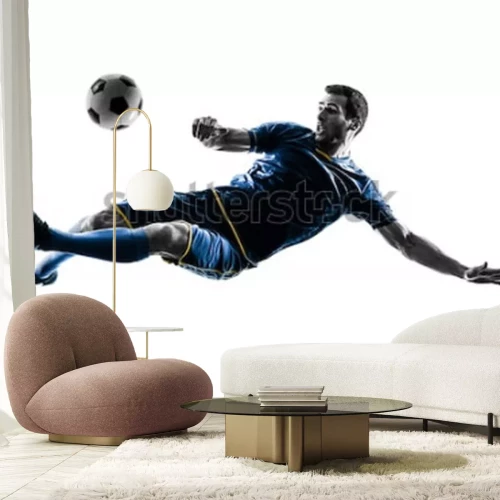 Sticker  one caucasian soccer player man playing kicking in silhouette isolated on white background