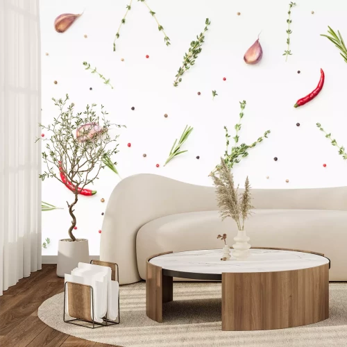 Papier peint  Herbes vertes, poivrons et épices sur fond blanc
