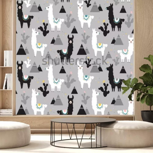 Sticker  Seamless pattern of llama, cactus and mountains. Great for fabric, textile. Vector background.