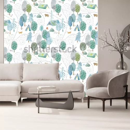 Sticker  Seamless pattern of a camping,road,fox,wolf,bear in the woods.Tent, trees, bonfire, plants and floral.Landscape tourism.Watercolor hand drawn illustration.White background.