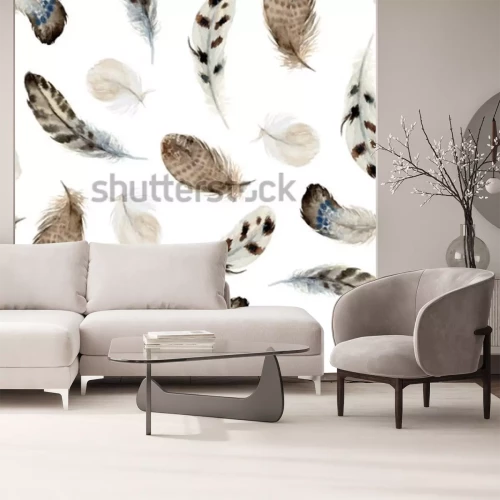 Sticker  Watercolor boho seamless pattern of feathers on white background. Native american decor, print element, tribal bohemian navajo, Indian, Peru, Aztec wrapping.