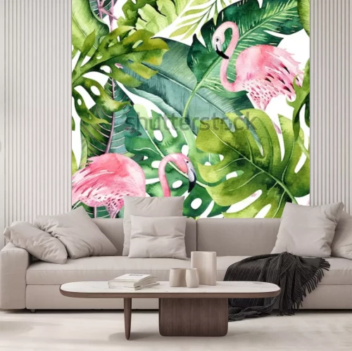 Sticker  Tropical isolated seamless pattern with flamingo. Watercolor tropic drawing, rose bird and greenery palm tree, tropic green texture, exotic flower. Aloha collection